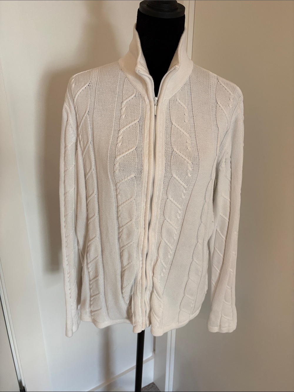 Eddie Bauer Cream Cable-Knit Zip Front Sweater